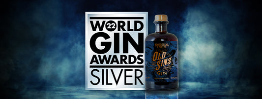 Old Sins Gin bottle next to World Gin Awards 2022 Silver icon with a background of blue smoke